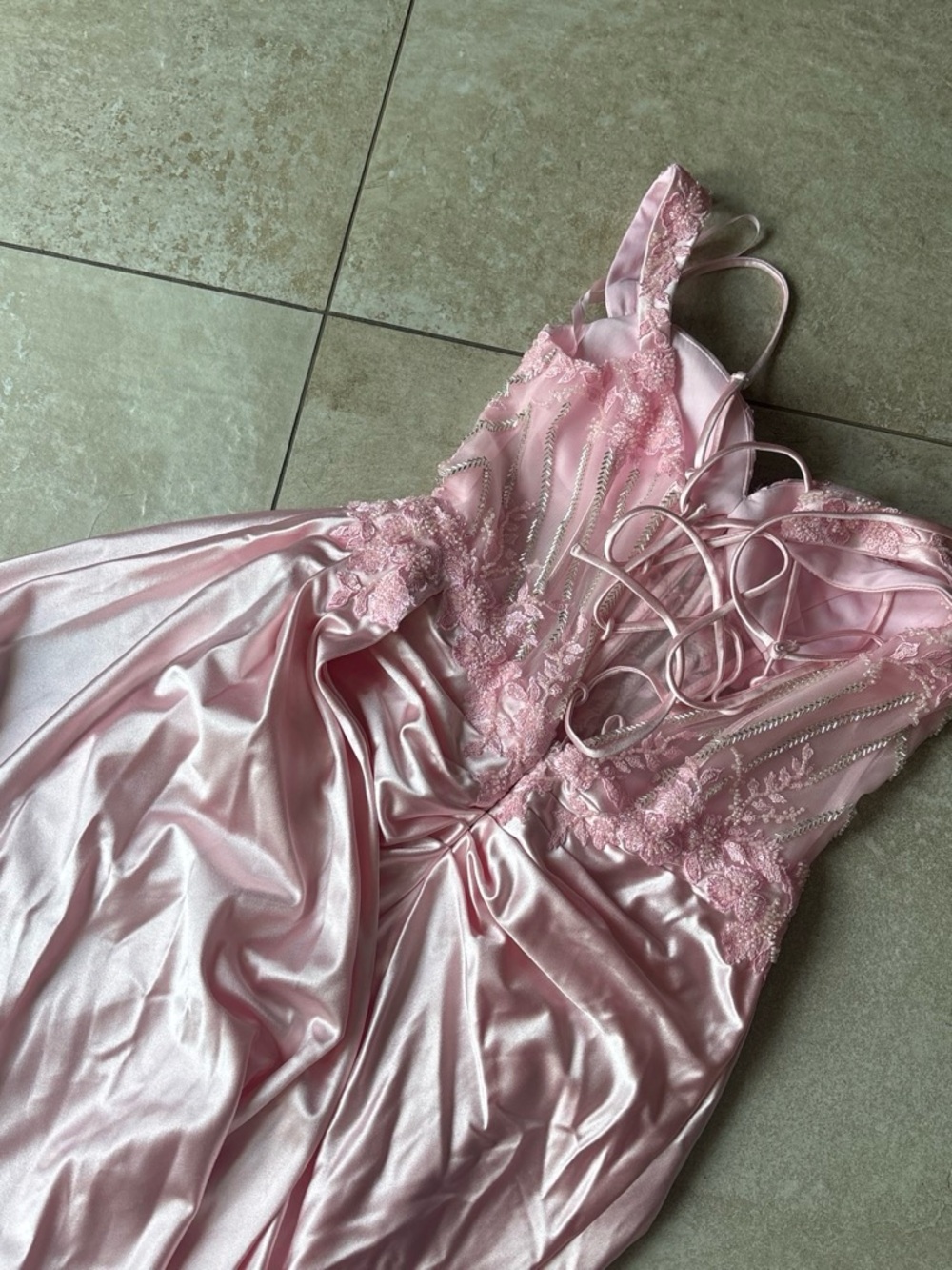 Elegant Pink Lace Satin Evening Dress